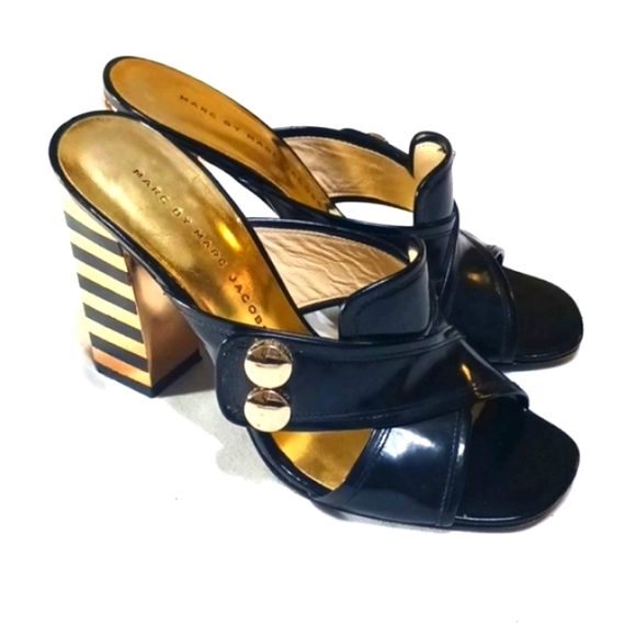 Marc By Marc Jacobs Gold and Black Block Heels Open Toe Mules Size 6 - Picture 9 of 9